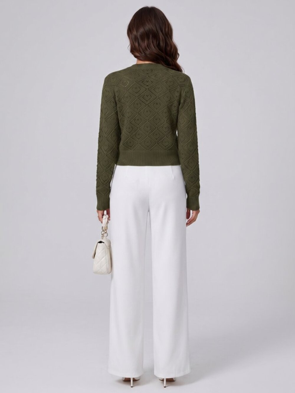 Women's Olive Green Hollow Out Knit Cardigan Round Neck Gold Button Crop Top - Picture 6 of 7